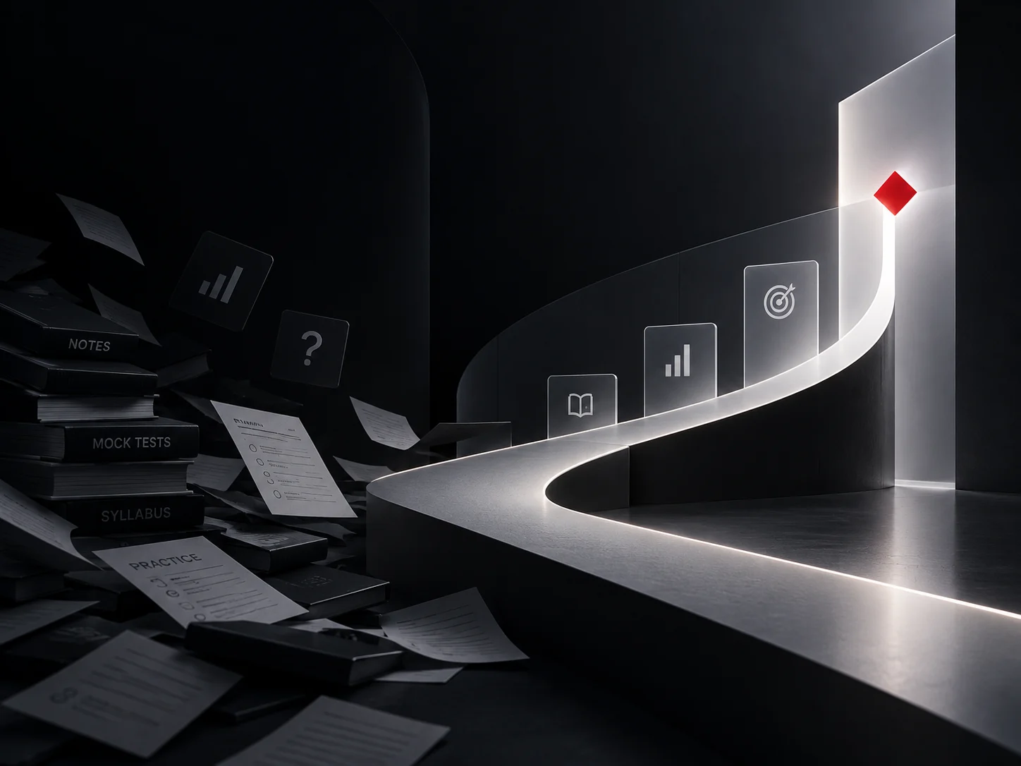 A pile of notes, syllabi and mock papers resolving into a single lit path that rises toward a red diamond