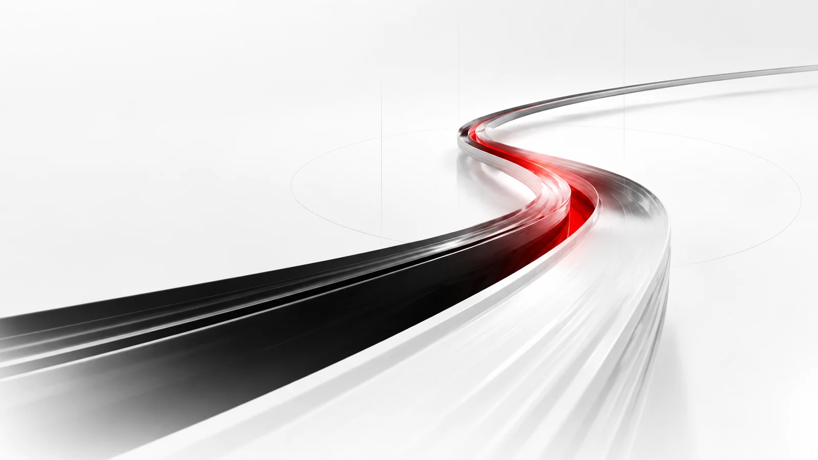 A ribbon of light bending through a long curve, burning red at its apex